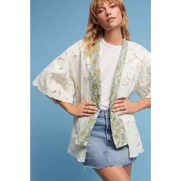 Anthropologie Floreat Boho Lace Kimono Laser Cut Linen Cotton White Green‎ OS - Picture 1 of 14